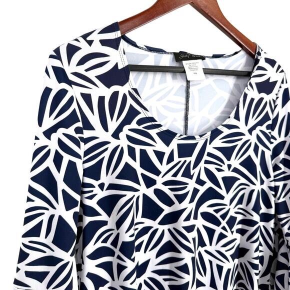 Slinky Brand Sz PM Petite Medium White Navy Blue Stretchy Blouse Shirt Top - Picture 3 of 7